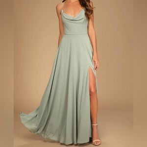 Romantically Speaking Sage Green Cowl Lace-Up Maxi Dress